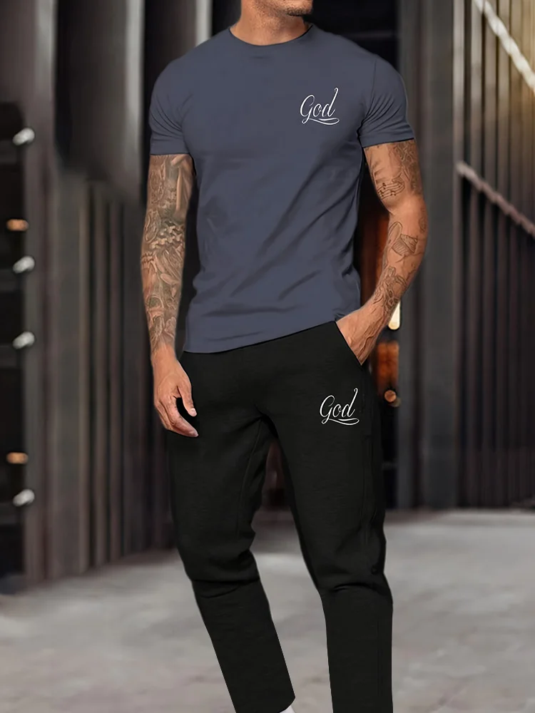 

Новая мода, однотонный мужской спортивный костюм, повседневная футболка с короткими рукавами, брюки, комплект из двух предметов большого размера, мужская одежда