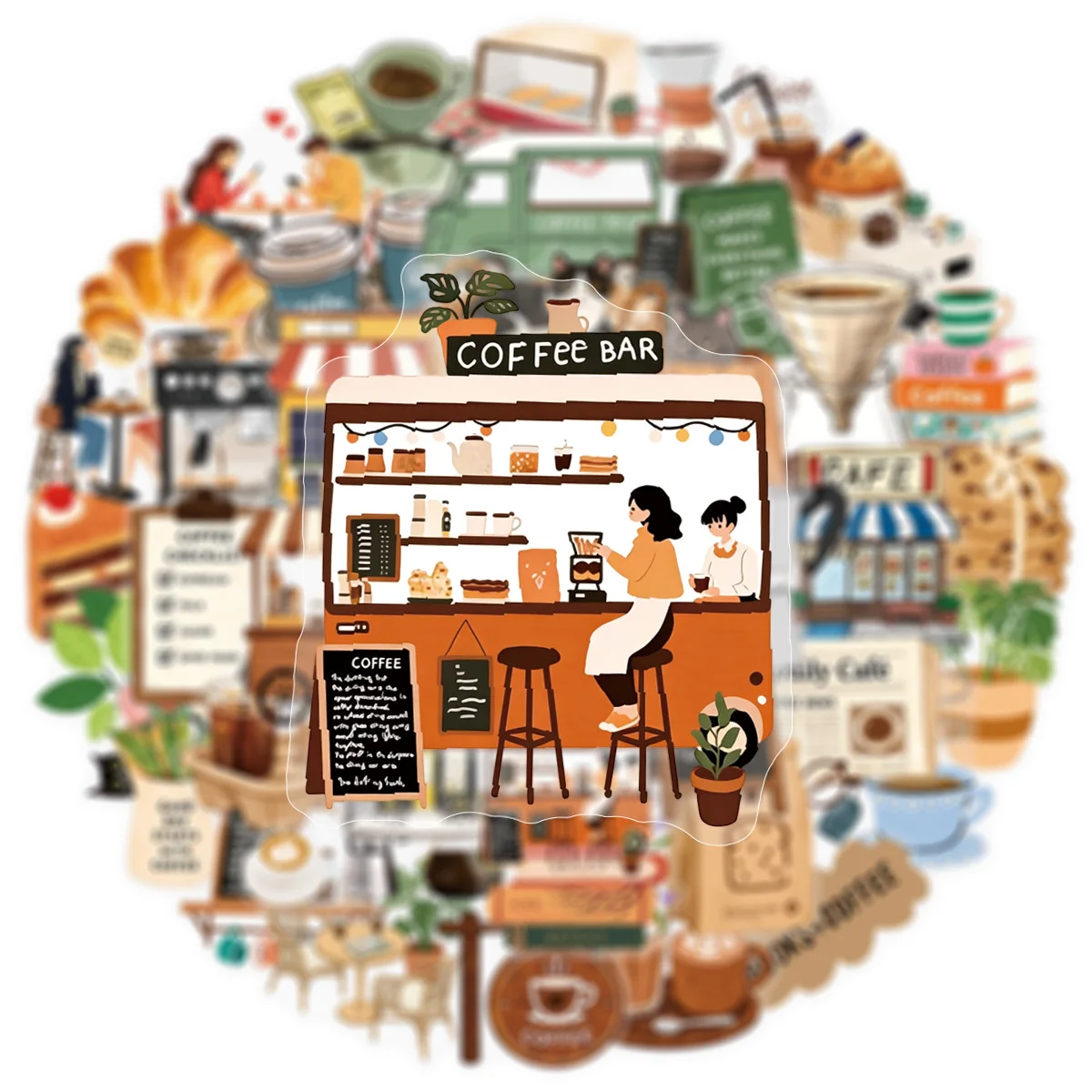 50PCS Healing Café Afternoon Tea Graffiti Stickers Coffee Illustration Decal Decoration Luggage Phone Guitar Scraphbook Kid Toys