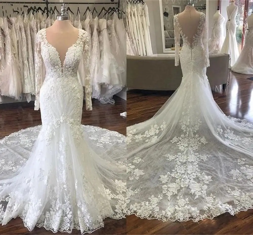 تخصيص جميل ساحة الرقبة الدانتيل يزين حورية البحر فستان الزفاف Vestido De Casamento طويلة الأكمام حديقة خمر الزفاف الذهاب