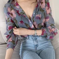 Sexy Sunscreen Women Shirt Flower Print Casual Long Sleeve Lapel Button-up Thin Perspective Chiffon Blouse Vintage Shirt 여름셔츠