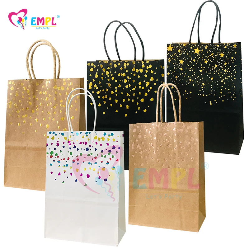 12pcs Bronzing Love Kraft Paper Bags with Handle Cookie Candy Gift Bag Wedding Favor Bag Christmas Kid Birthday Party Decoration