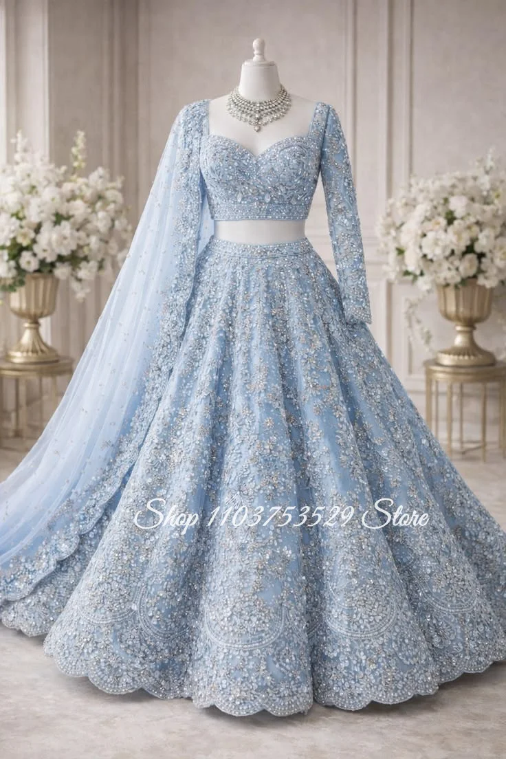 Customized Sky-Blue Dreamy Indian Wedding Gown Sparkling Long-Sleeved Traditional Bridal Gown South Asian Celebration Attire2026