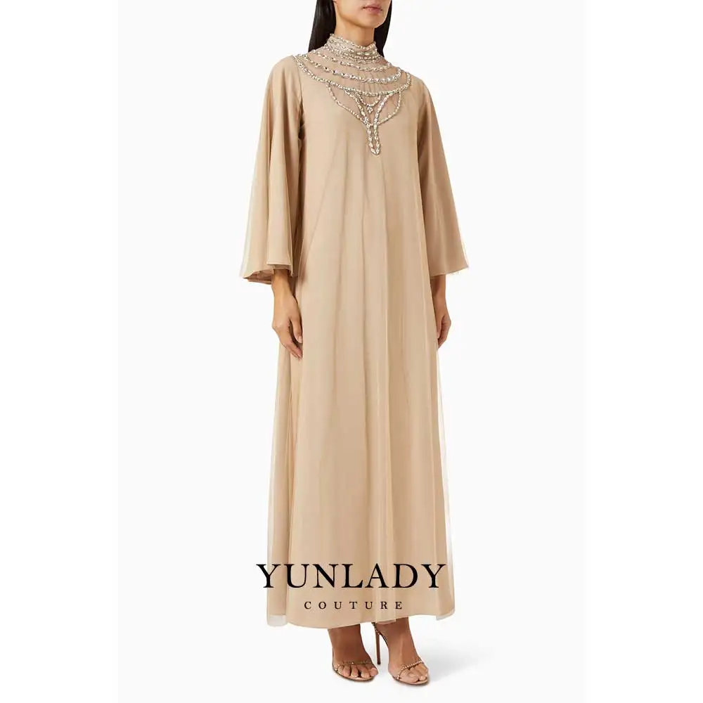 

YUNLAN Luxury Emirates Light Brown Crepe Crystal Maxi Evening Dress Women's Special Occasion Formal A-line High Neck Dress
