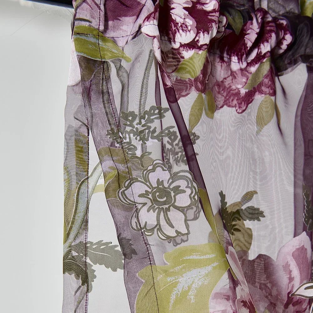 LEEJOOM Rod Pocket Curtain Window Valance Tulle Sheer Printed Purple Flower for Bedroom Kitchen Home Decor 1PC