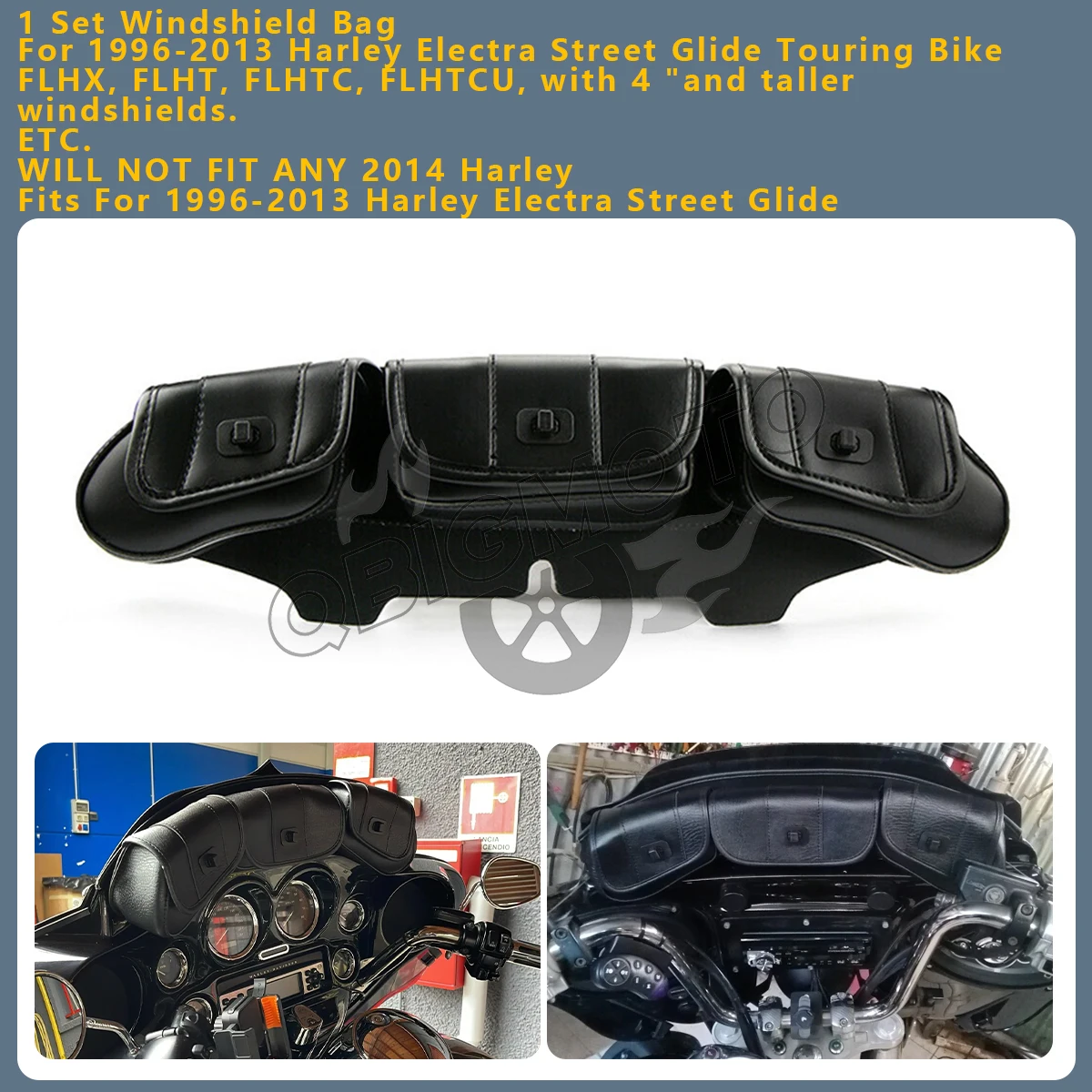 Motorcycle 3-Pocket Windshield Windscreen Batwing Fairing Pouch Bag For Harley Electra Touring Electra Glide FLHT FLHX 2013-1996