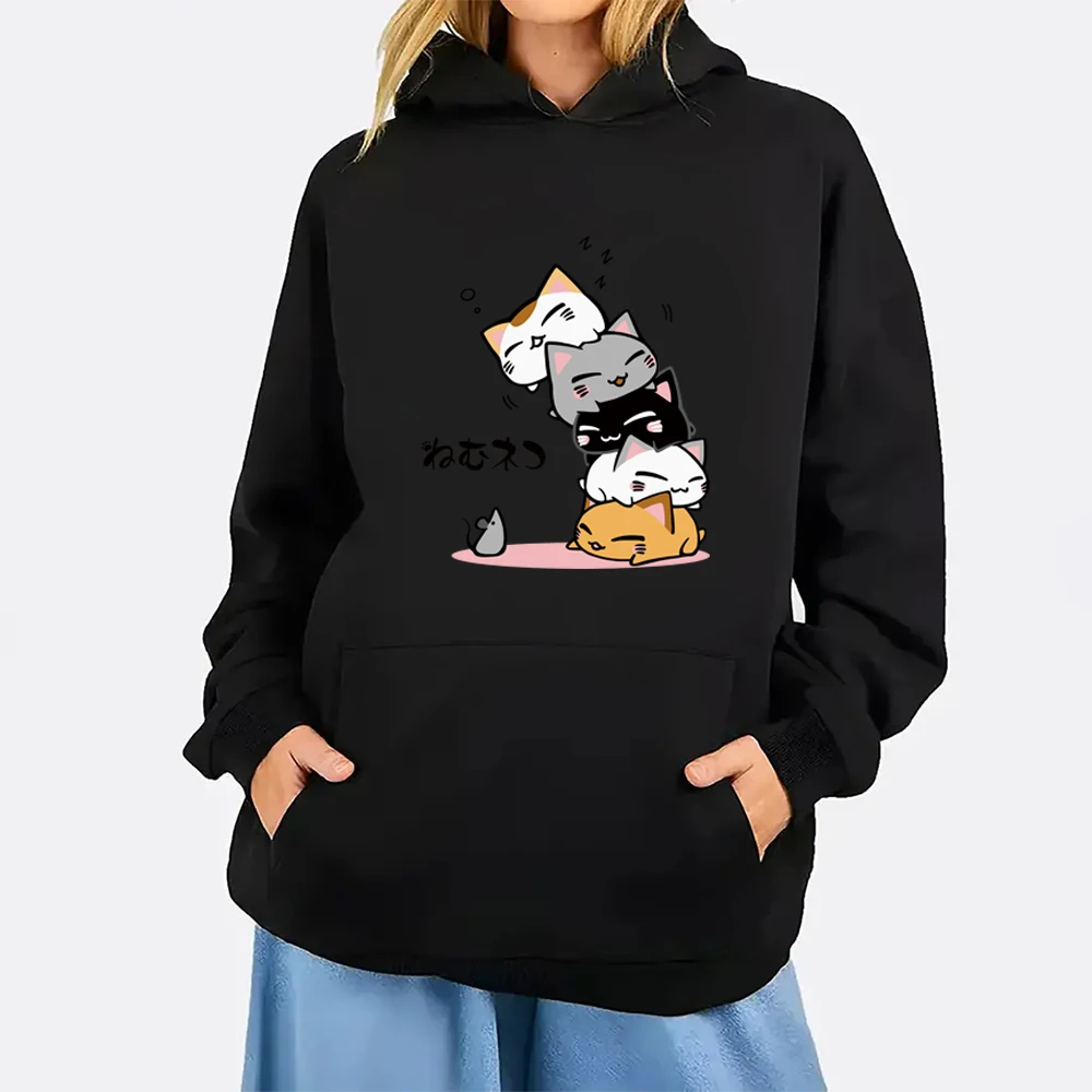 Women's Autumn Winter Hoodies Kawaii Cat Printing Long Sleeve Sweatshirts Korean Streetwear Women's Clothing Girl Pullover