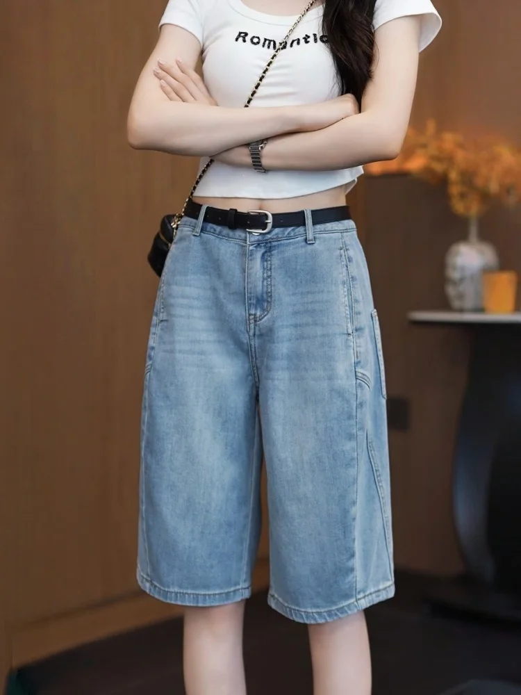 

Light Wash Denim Short Shorts Women Summer Thin New Style Beautiful Versatile Bloom Pants Casual Loose Five-Quarter Pants