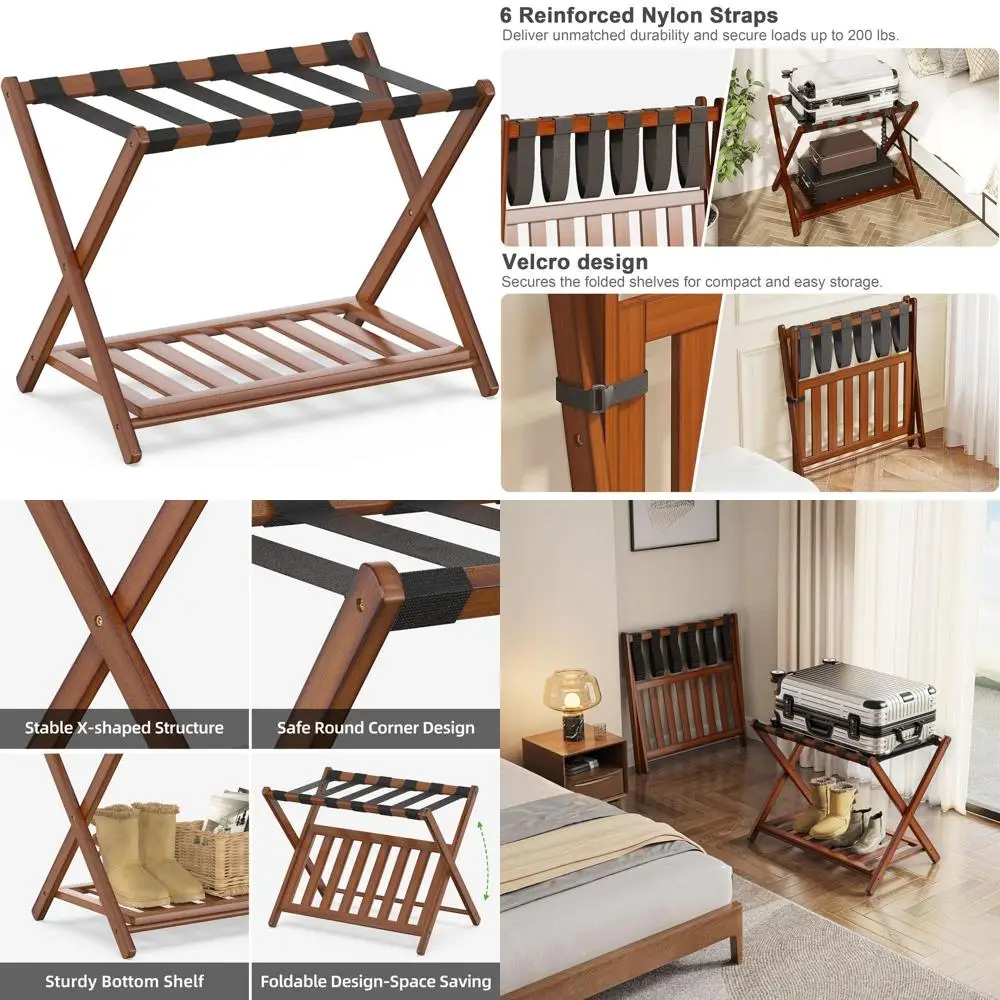 Portaoggetti pieghevole per valigie, supporto ampio con ripiano, organizer per camera degli ospiti addensato, 26,77 Marrone