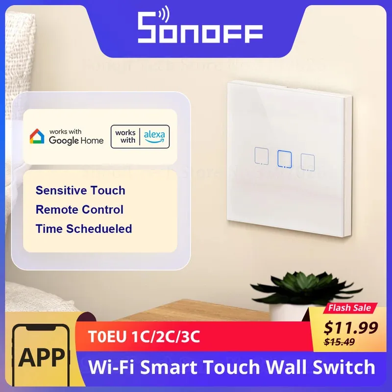 

Умный настенный выключатель SONOFF T0EU Wi-Fi: мгновенная распродажа, сенсорное управление, дистанционное управление, таймер через eWeLink, совместим с Alexa и Google
