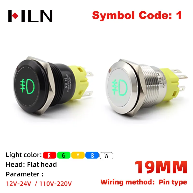 

FILN 19mm 12VLED Black Shell Stainless Steel Metal Push Button Switch Dashboard Custom Front Fog Light Symbol Car Racing Switch