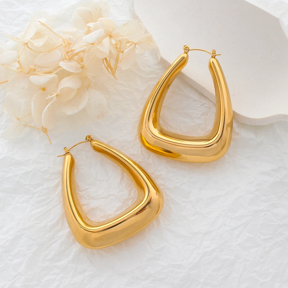 

New High Polished Bling Chunky Hoop Earrings Gold Color Stainless Steel Round Ear Jewelry Women's Party Gift