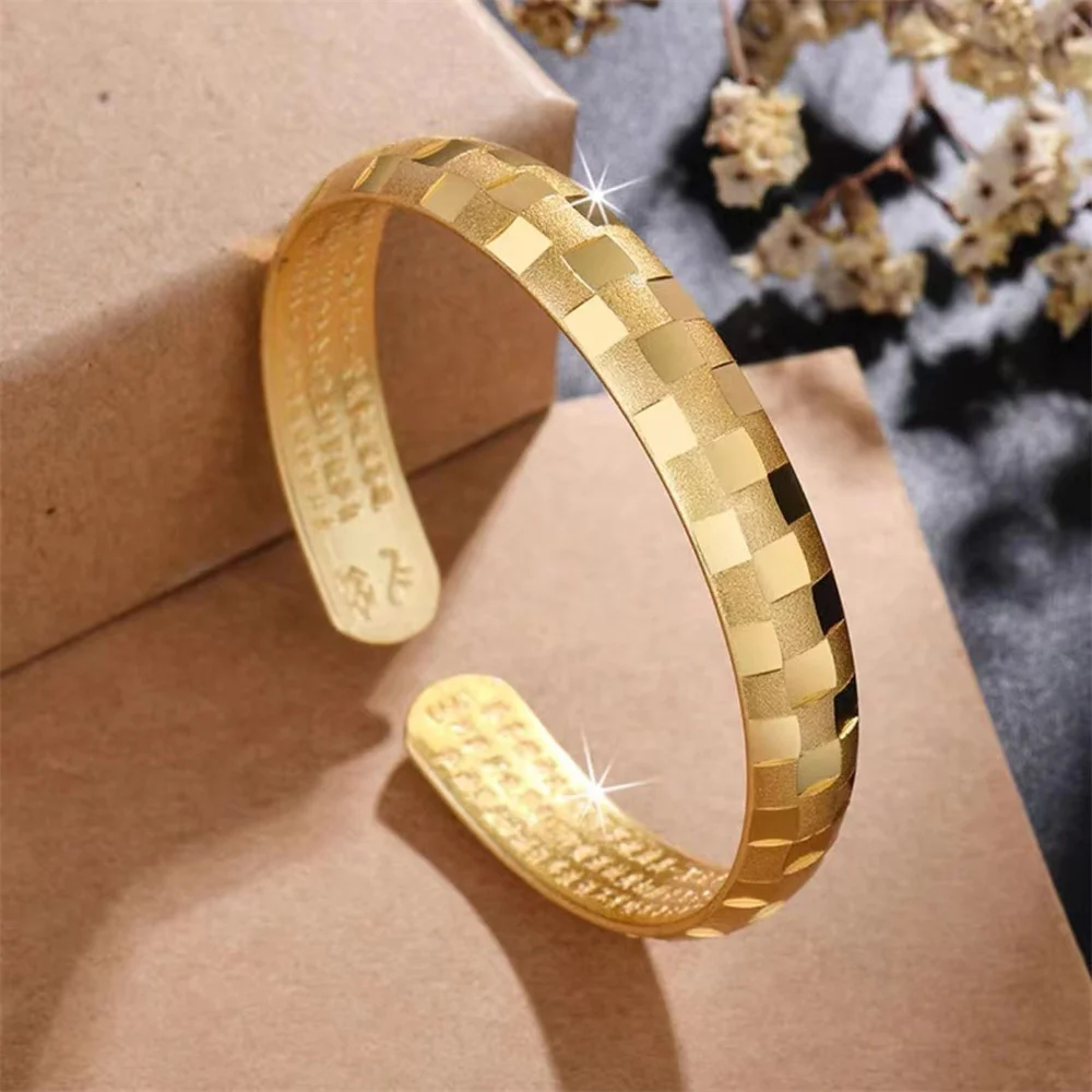 OUYADI 14K Gold Plated Stainless Steel Checkerboard Open Bangle For Men Women, Luxury Shiny Adjustable Unisex Jewelry Gift