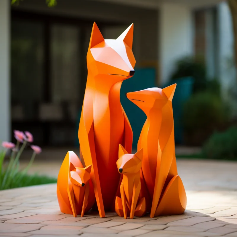 Modern Outdoor Garden Landscape Metal Design Animal Geometric Orange Fox Statue Life-size Stainless Steel Foxes Sculpture