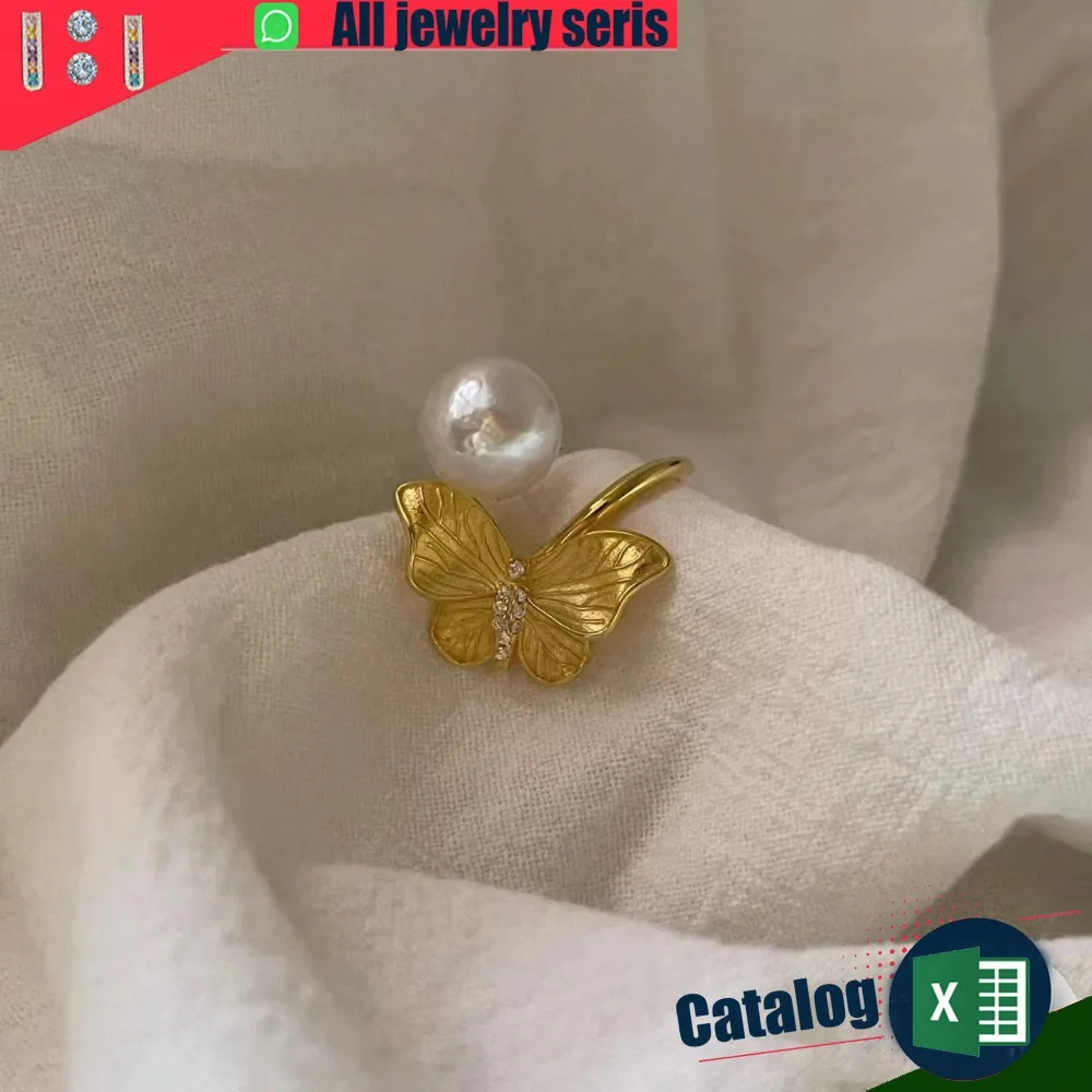 

Adjustable Open Ring for Women Vintage Butterfly and Pearl Ring Gold Plated Elegant Stackable Gift