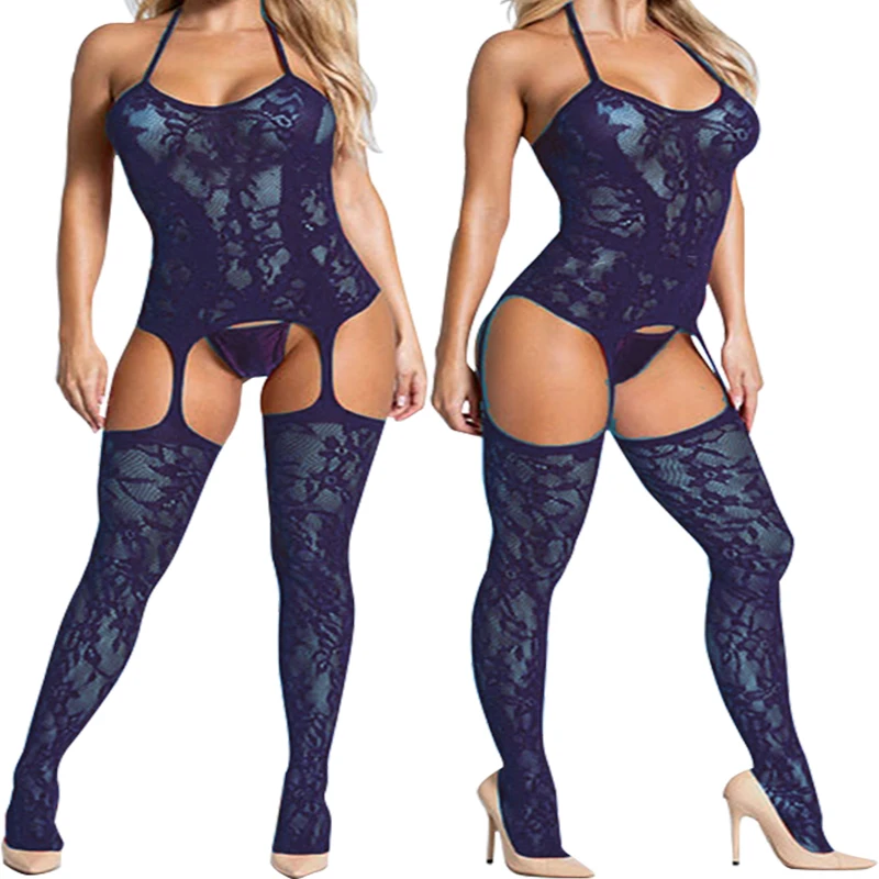  Crotchless Lingerie Fishnet Bodystocking Women Floral Bodysuit  Baby Doll Dress Porn Underwear Mesh Hollow Body Suits