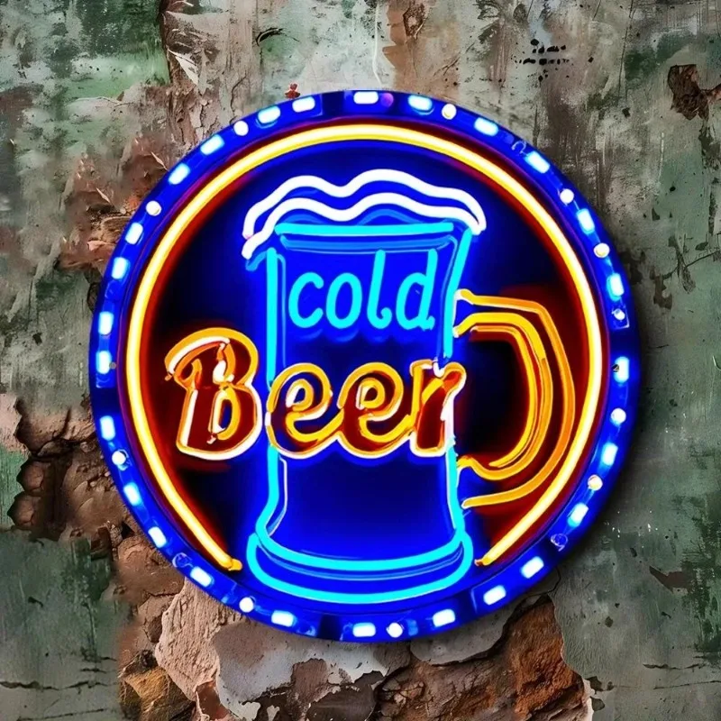 High Definition Custom Metal Wall Art Print Neon Cold Beer Mug Round Sign Wall Decor for Bar Pub Man Cave Garage Kitchen