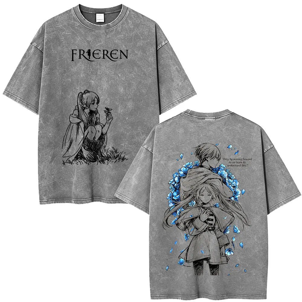 Frieren Himmel Anime Frieren Beyond Journey's End Washed Vintage T-shirt Men's Women Fashion Short Sleeve Cotton Casual T Shirts