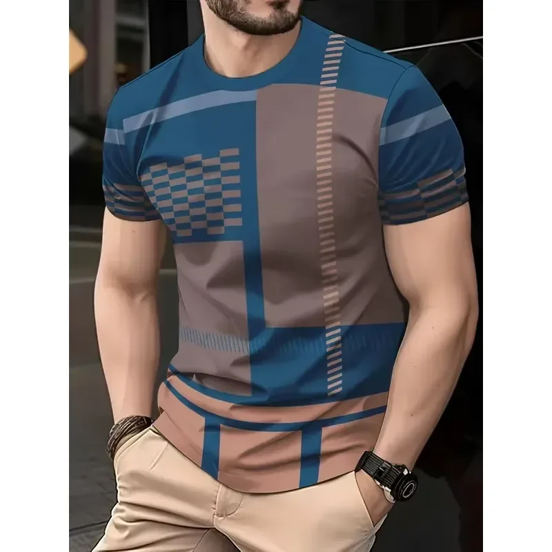 Men T Shirt Blue Brown Geometric Square Pattern Short Sleeve Breathable Comfortable Fit Casual Daily Wear Fashion 2026