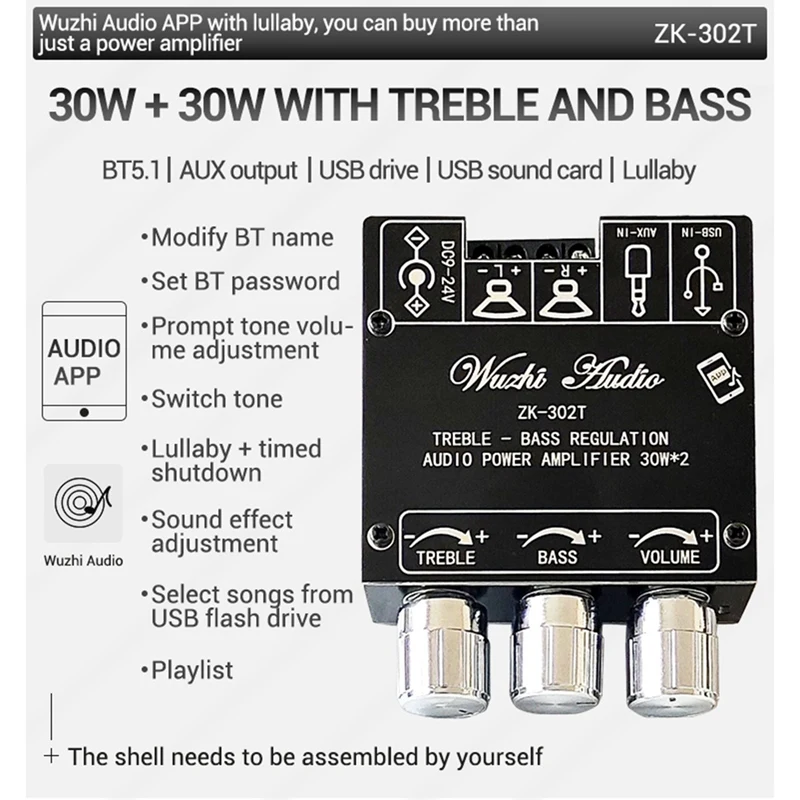 ZK-302T Bluetooth Digital Amplifier Board Module 2.0 Stereo Dual Channel 30W+30W With High And Low Tone Support APP