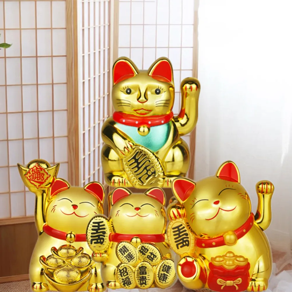 Solar Powered Maneki Neko Lucky Cat Welcoming Chinese Lucky Cat Waving Hand Beckoning Fortune Cat Figurines For Home Decor