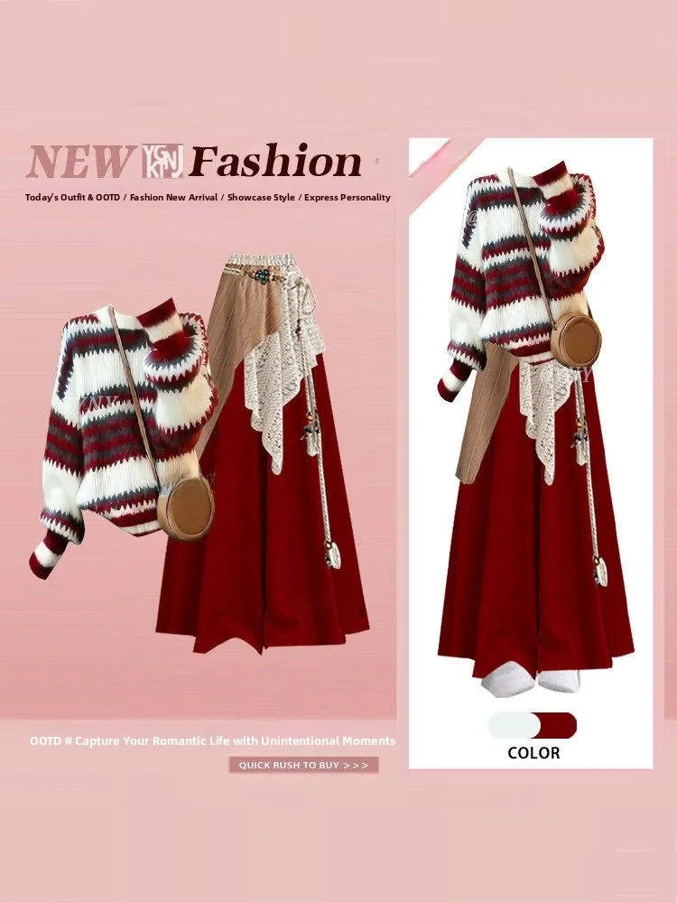 

Autumn Winter Women's Retro Design Stripe Sweater Wide Leg Pants n Curtain Tee Piece Set Casual Loose Fit High Waist