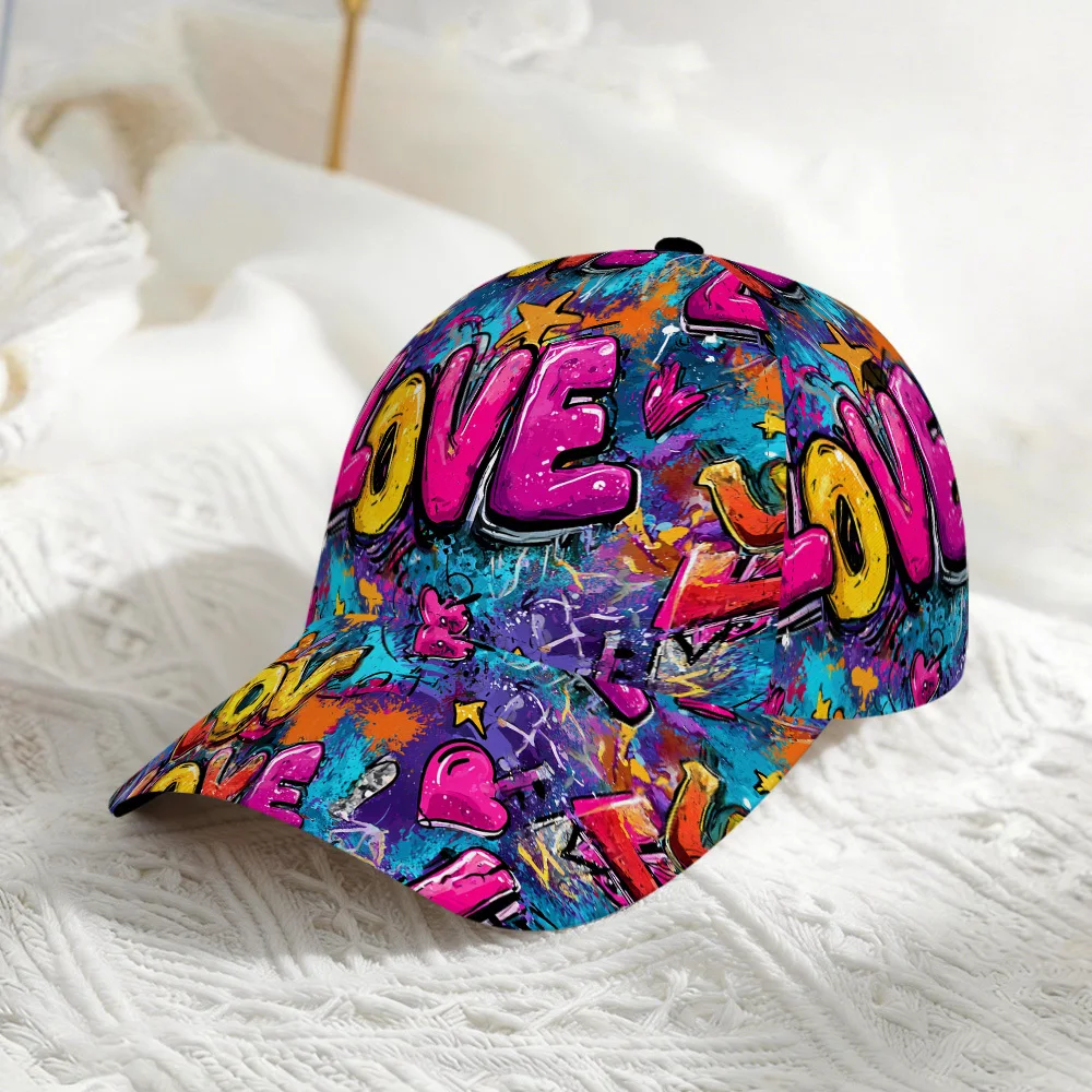 Graffiti LOVE Print Baseball Cap Colorful Street Art Adjustable Dad Hat Vibrant Hip Hop Snapback Cap for Men Women
