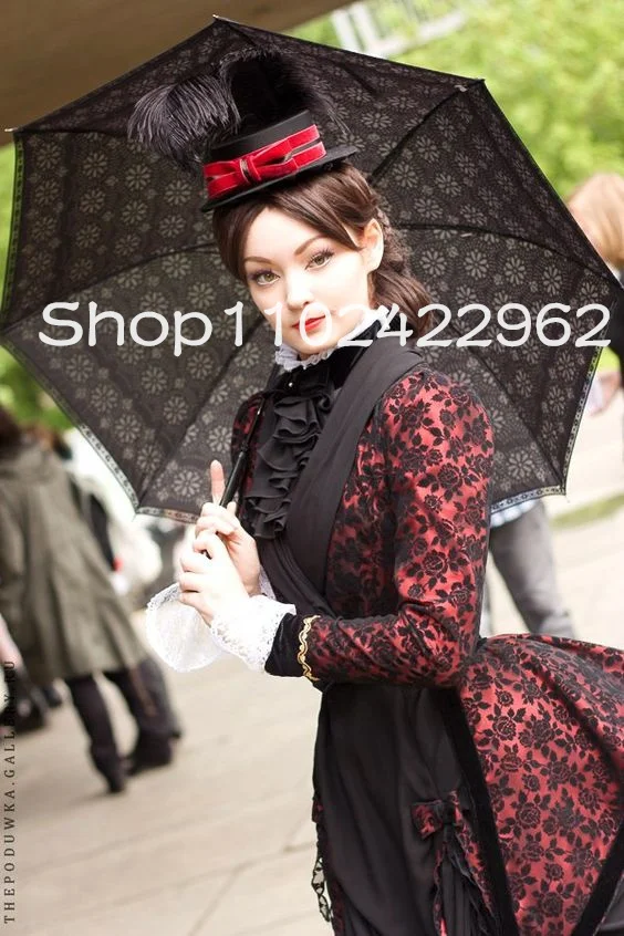 Black Red Gypsy Steampunk Prom Party Dresses with Long Sleeve Ruched Ruffles Skirt Cosplay Goth Bustle Evening Gown