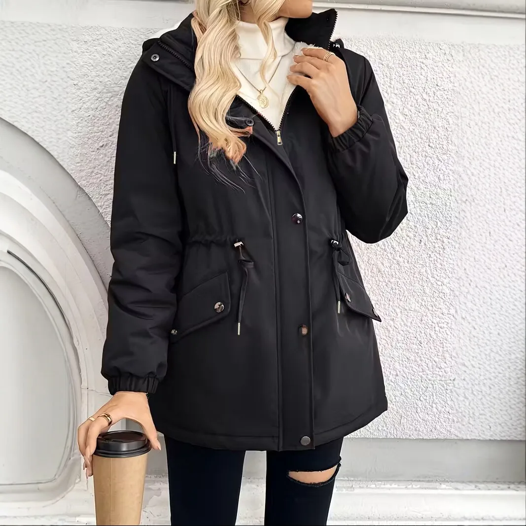 2026 Autumn/winter New Style Hooded. Thickened Lamb Wool. Cotton Coat For Women, Mid-length, Warm, And Waist-cinching Outerwear