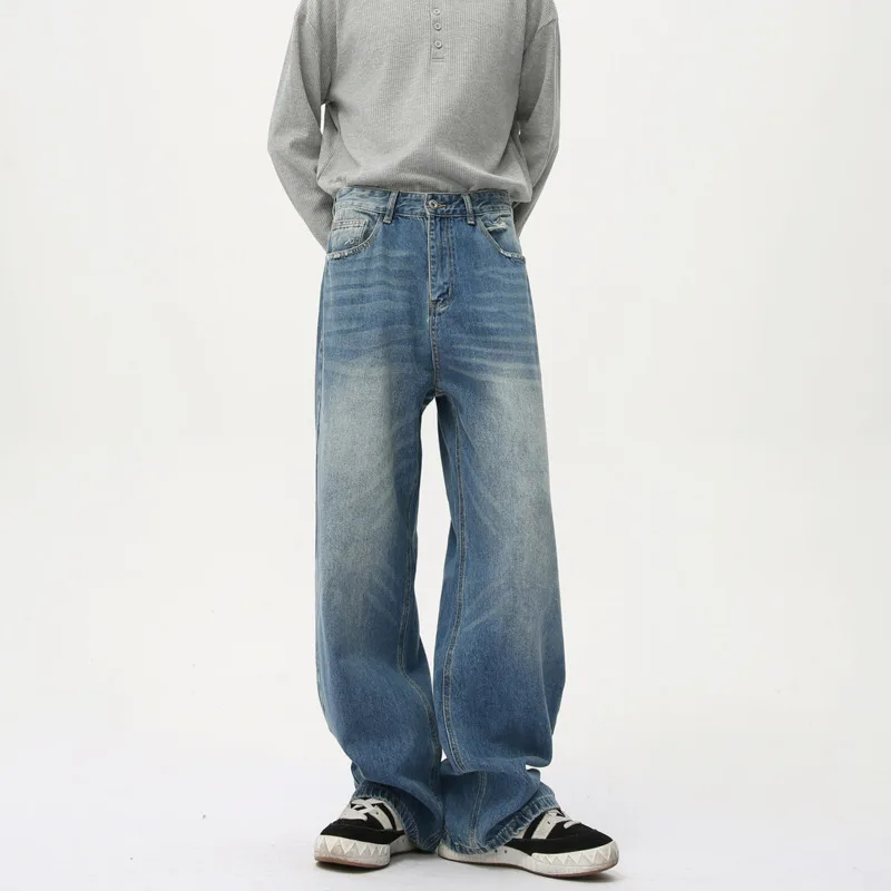 

SYUHGFA 2025 Spring Korean Style Men's Denim Pants Solid Color Washing Bottom Straight Wide Leg Male Jeans Simple New