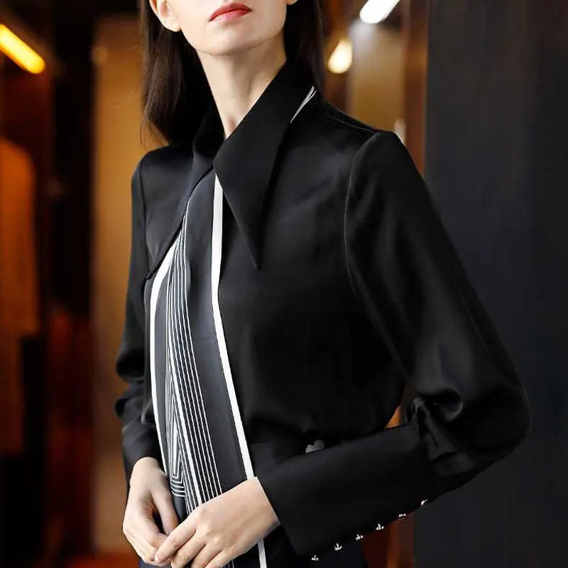 Office Lady Stylish Drawstring Blouse Spring Autumn Commute Turn-down Collar Female Clothing Korean Single-breasted Basic Shirt