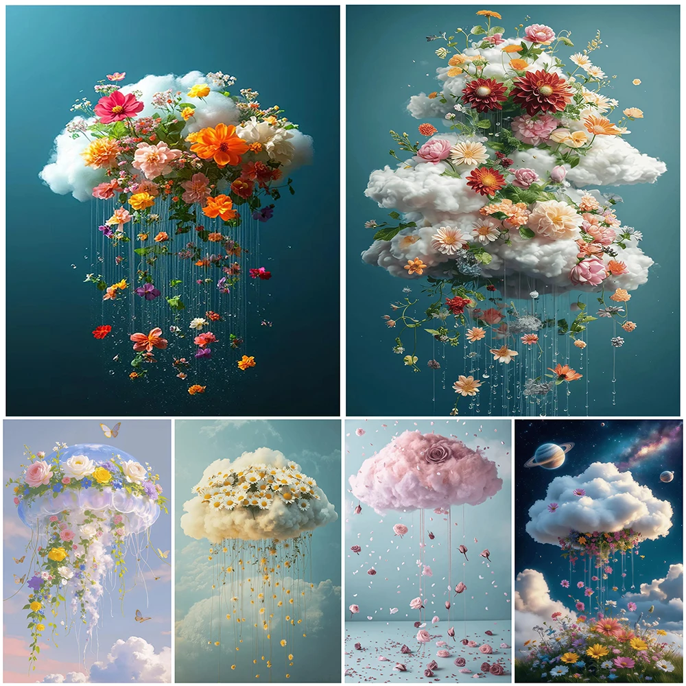 Moderne Blumen-Wolken-Leinwandgemälde, Wandkunst, abstrakte Blumen-Poster, lebendige, mehrfarbige Blumen, Wandkunst, Heimdekoration. – Detail 3