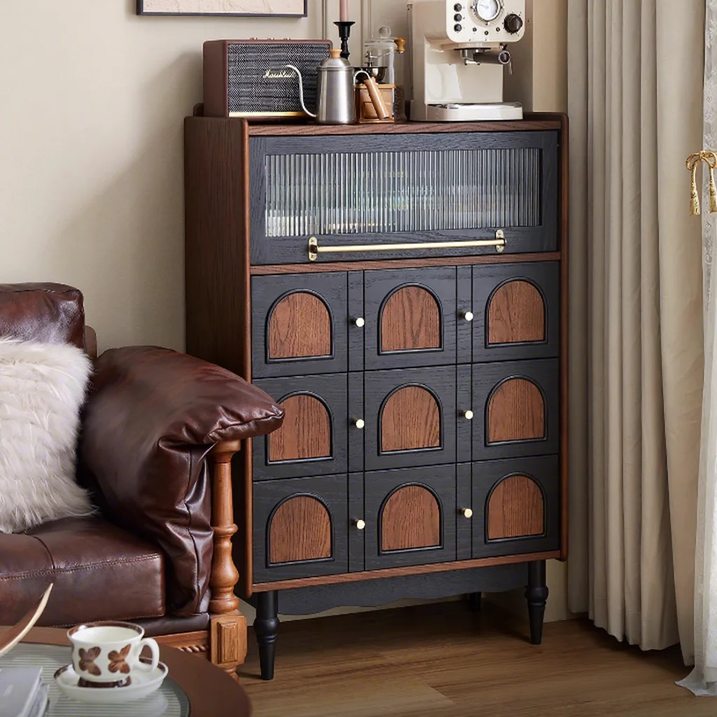 Retro Arched Inlay Display Cabinet Turned Leg for Entryway Living Room Hotel Furniture