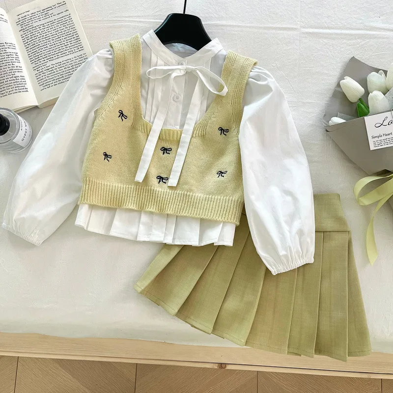 

Children's Outfit Dress New Spring Girls' Stylish Sleeveless Vest+Sweater Shirt Short Skirt Three-Piece Set