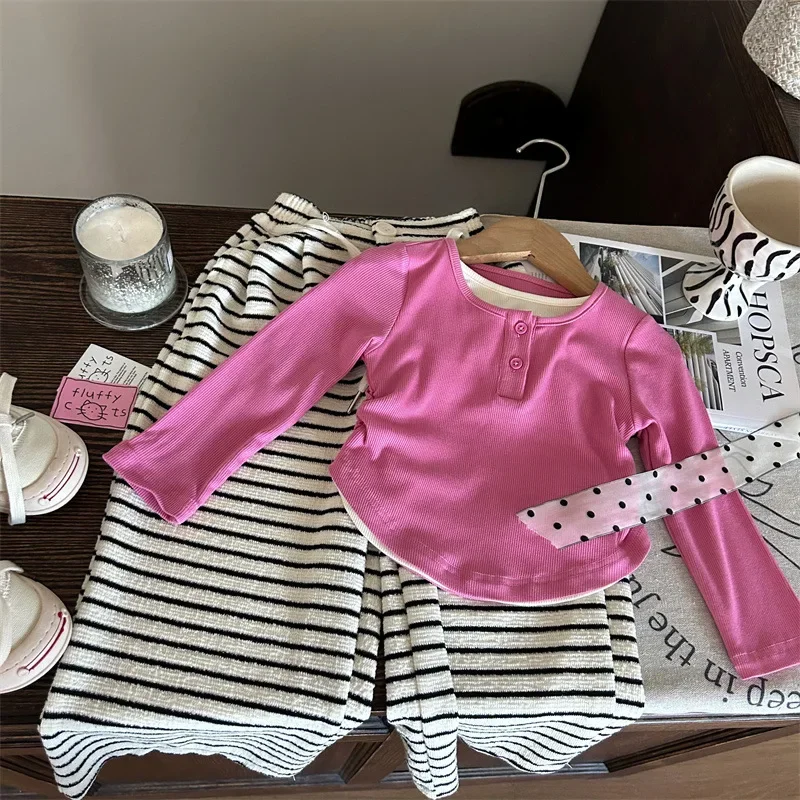 Kid Girl Two Piece Set Autumn Long Sleeved Rose Red Foreign Style Striped Pants Korean Version of Children's Clothing