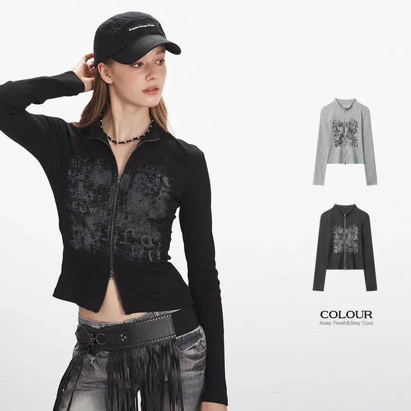 

HeyHenry Women's Long Sve Stand Collar Slim Fit American Sle Vintage Inner Wear T-irt Cardigan Open oulder Design