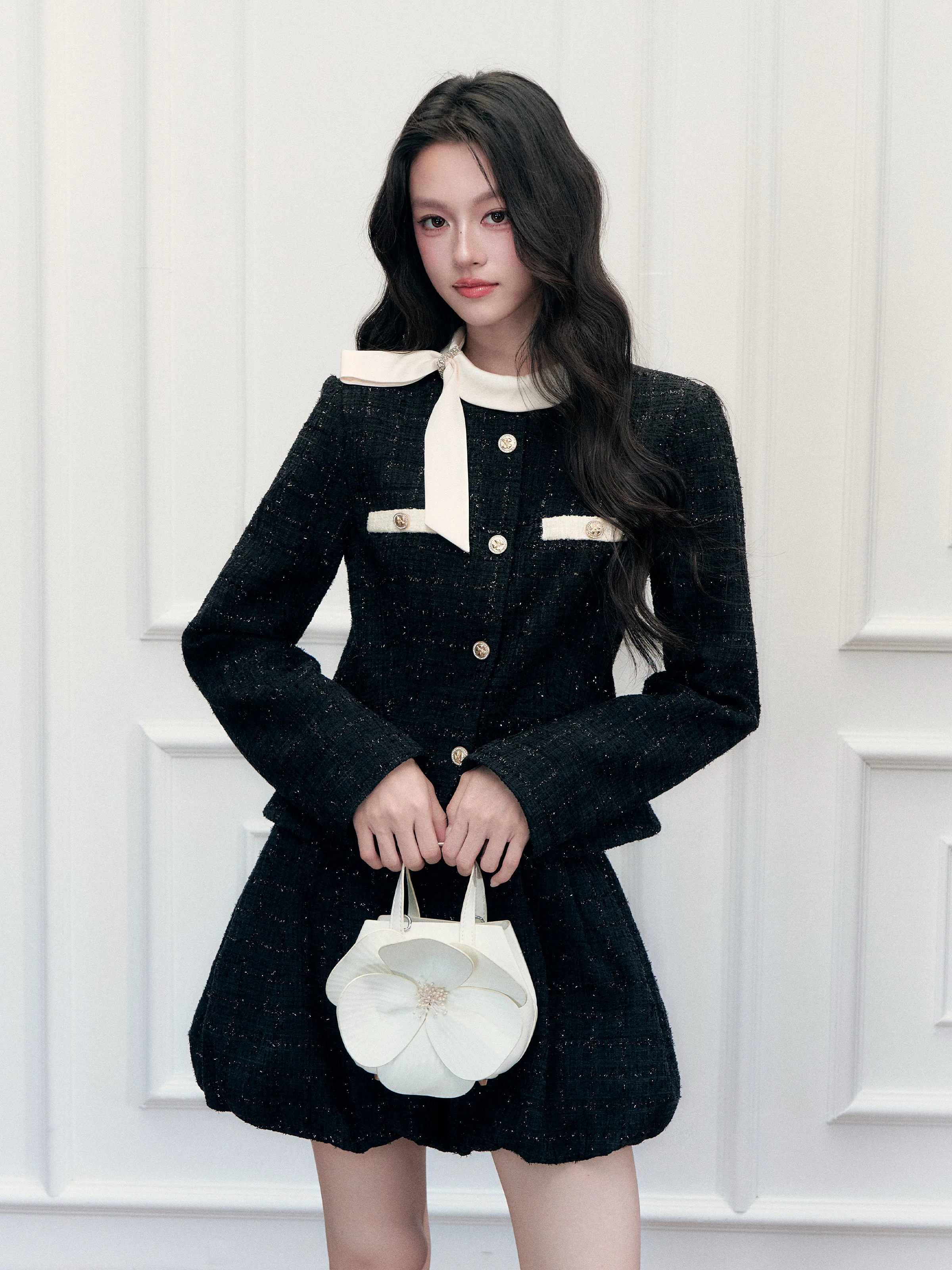 Fragile Heart Tea Olive Blossom Wind Small Fragrance Flash Outerwear Skirt Set Elegant Style Long Sleeve Zipper Closure Polye...