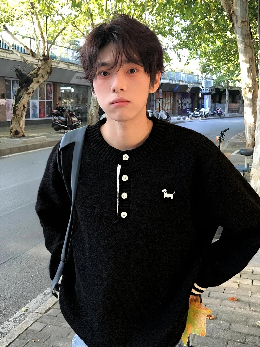 

Мужской вязаный свитер с воротником хенли, зимний базовый слой, мягкая внутренняя одежда, свободный крой, с вышивкой собаки, теплый, толстый, с длинными рукавами