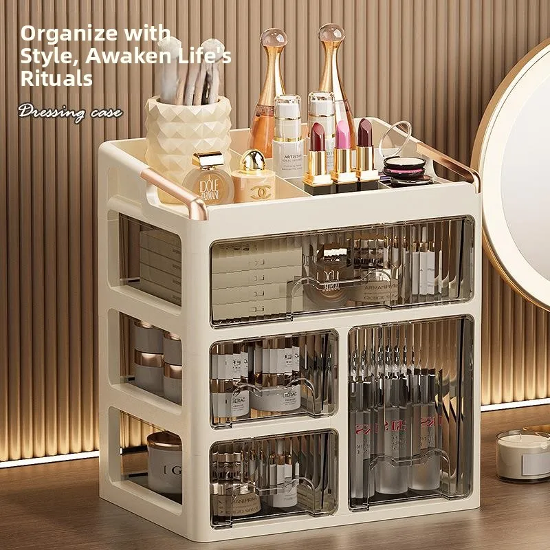 

Dustproof Makeup Storage Box Desktop Skincare Drawer Type Grid Design Jewelry Organizer Vanity Desk Accessory Simplistic Style