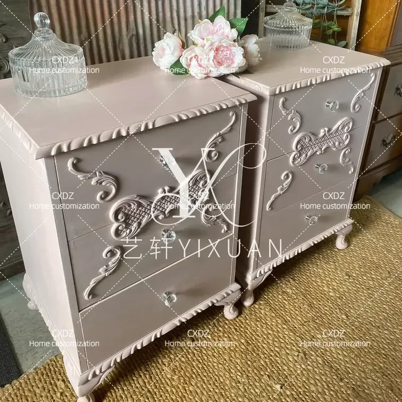 French Retro Solid Wood Bedside Table Pink Girl Style Nightstand American Simple Bedroom Storage Cabinet Customizable