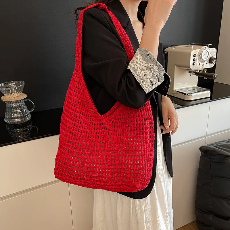 

Women Knitting Shoulder Bag Large Capacity Knitting Underarm Bag Solid Crochet Tote Handbag Summer Mesh Beach Bag Hobo Bag