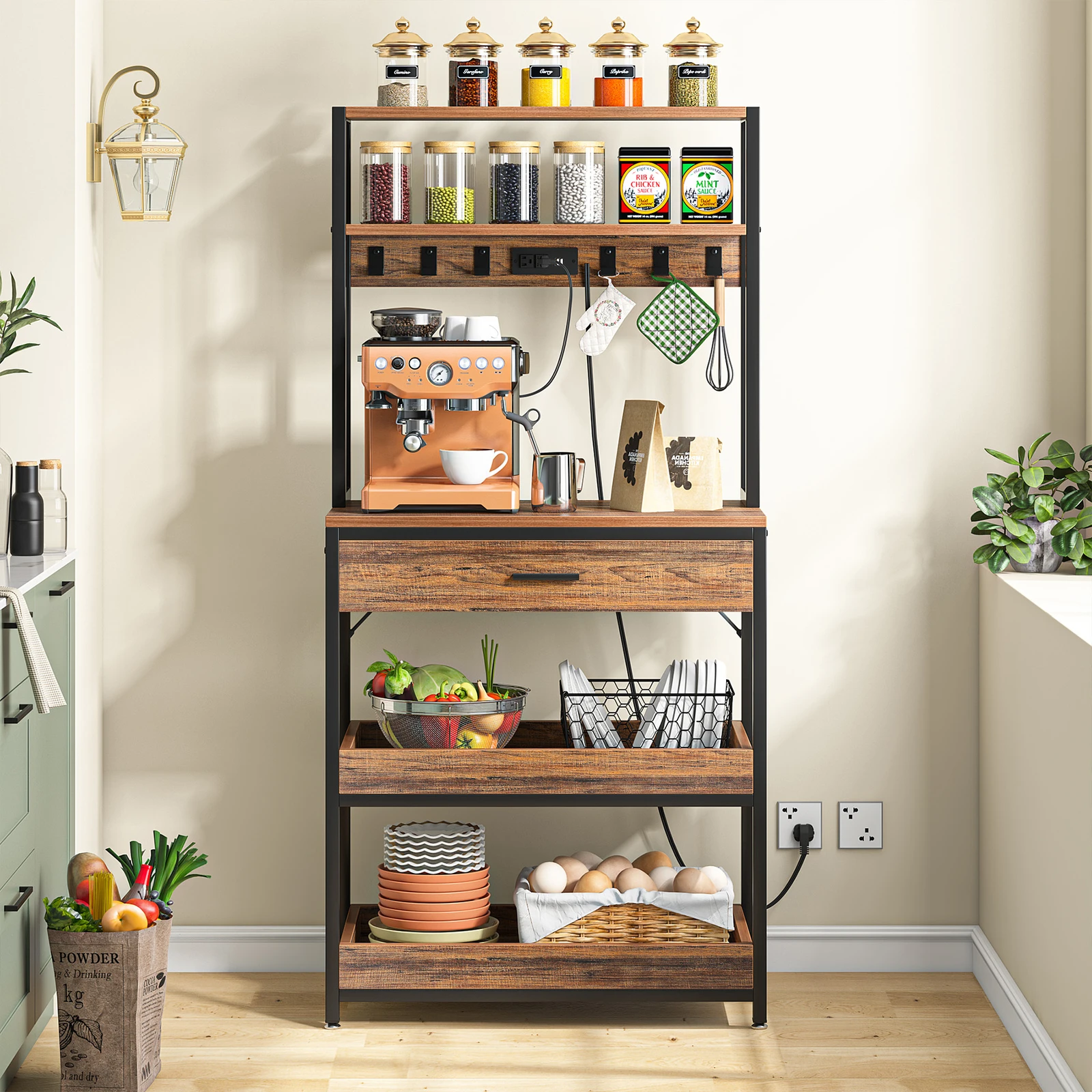 

Kitchen Bakers Rack with Power Outlets Drawer Storage Shelves Coffer Bar Station