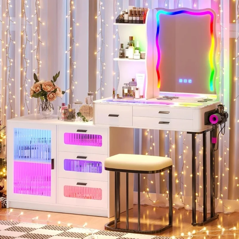 Makeup Vanity Desk with Wireless Charging Station,Vanity Mirror with Lights Desk and Chair,Drawers,Stool