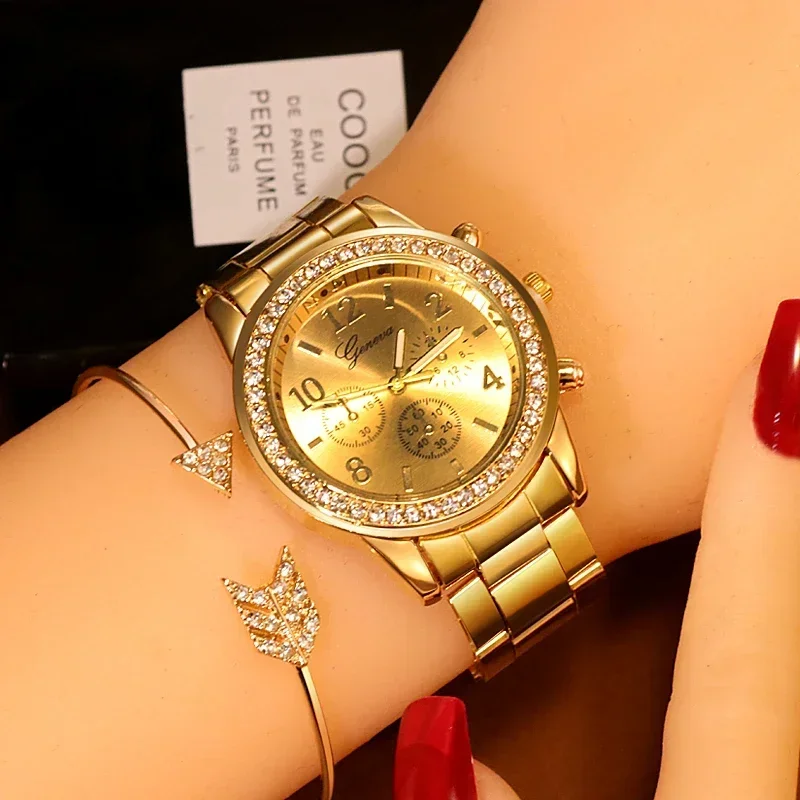 Relojes de Mujer Geneva, Reloj clásico con diamantes de imitación, relojes de Mujer, Reloj dorado a la moda para Mujer, Reloj para Mujer