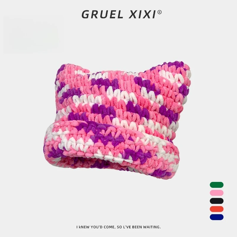 여성을위한 맞춤형 컬러 도파민 고양이 귀 니트 모자 가을과 겨울 두껍고 따뜻한 귀 보호 스컬리 비니