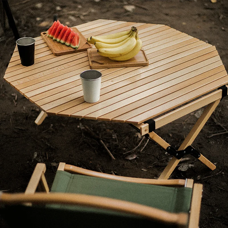 

Outdoor Polygonal Egg Roll Tables for Camping Walnut Color Beech Wooden Tables Folding Tables Roll Up for Hiking Travel