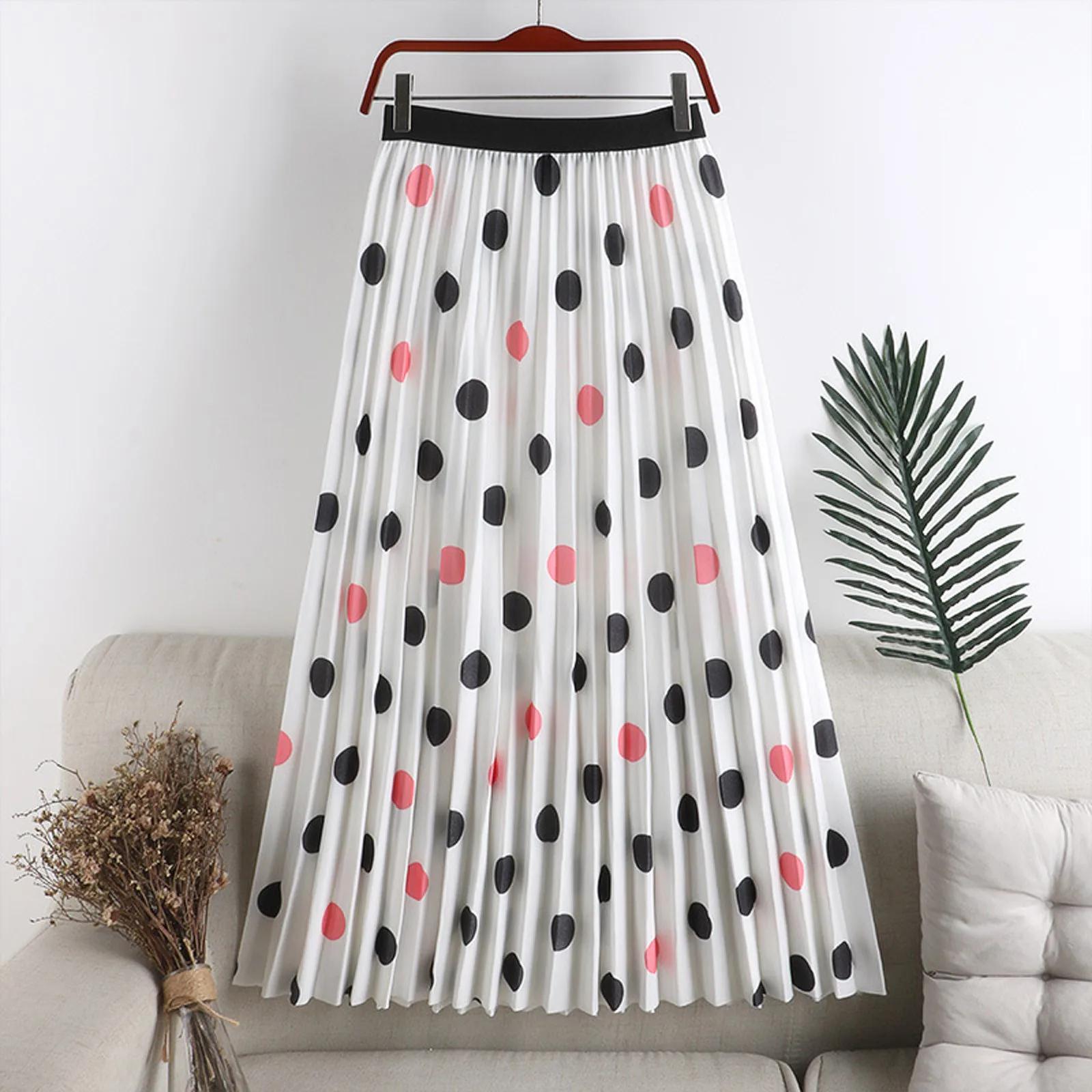 2024 Women Summer Pleated Skirt High Waisted Polka Dot Print Chic Retro Long Mid-Calf Skirts Female A-Line Jupe Femme