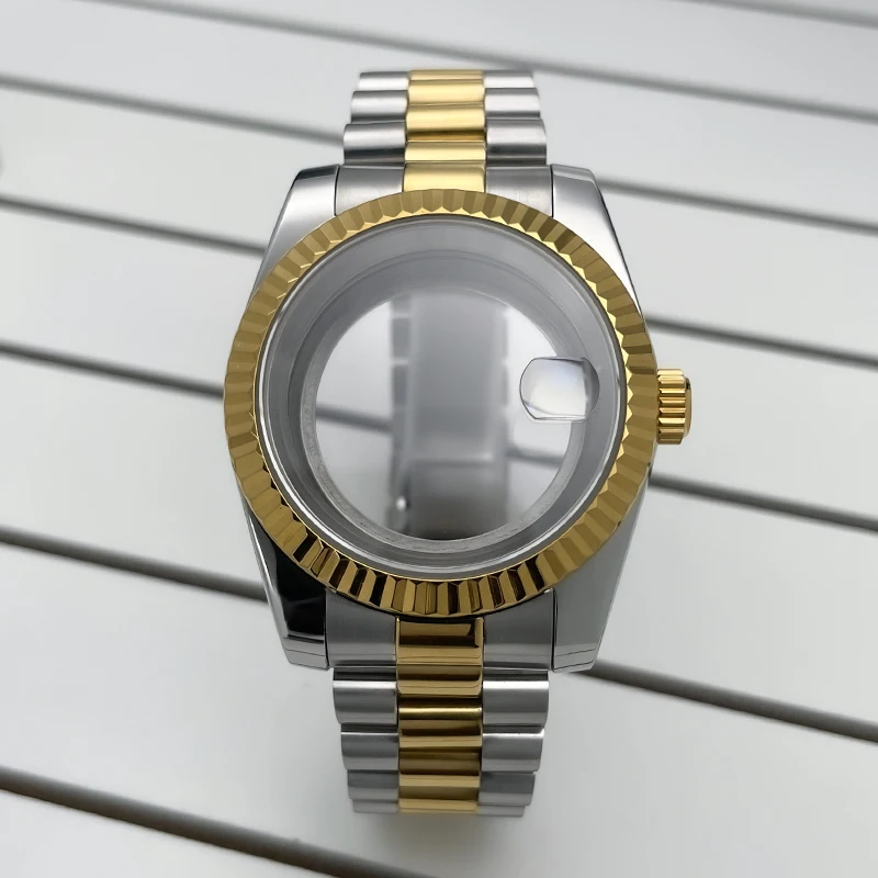 39mm DJ2T NH35 Case Fluted Bezel Yellow Gold Sapphire Glass Seik Mod Modification Parts Fit NH35 NH36 Movement Steel Watch Case
