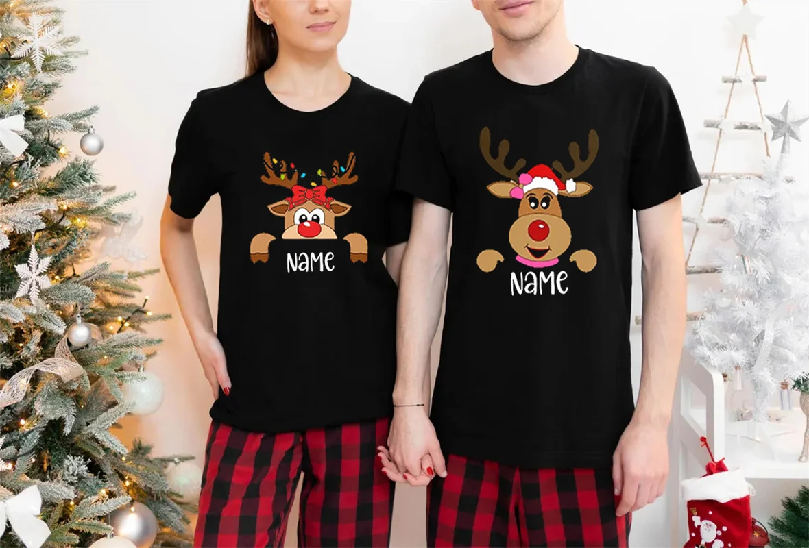 Christmas Customized Print T-Shirt DIY Name Women Reindeer Name Family Matching T-Shirt Personalized Reindeer Family Shirts