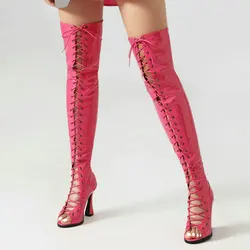 Big Size 33-46 Pink Color Lace-up Cross-tied Sexy Stripper High Heels Summer Overknees Peep Open Toe Stretch Thigh High Boots