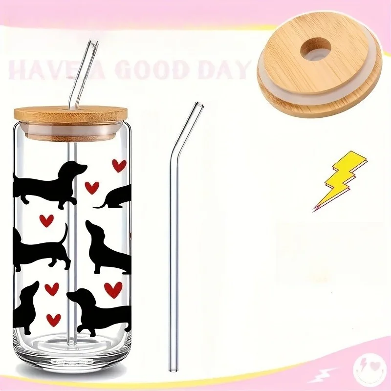 13.5 أوقية/18.6 أوقية نظارات القهوة السجق الكلب على شكل قلب كوب زجاجي مطبوع مع غطاء من الخيزران القش لهدايا عيد الميلاد هدايا عيد الميلاد